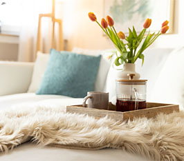 Tablett mit Kaffeekanne, Tasse und Tulpen auf Sofa mit Kissen und Decke im Wohnzimmer