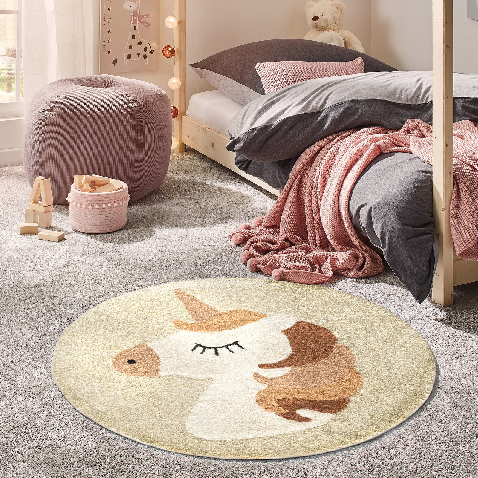 Kibek Kinder-Teppich - Nilla Einhorn Beige 120 cm Ø