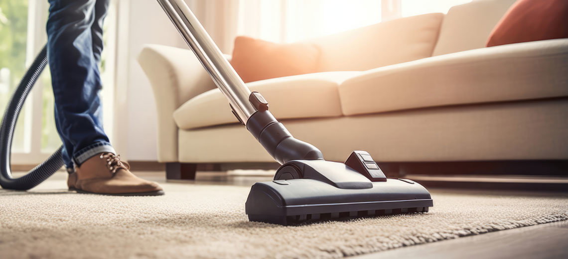 Person benutzt Staubsauger auf Teppich vor Sofa in hellem Wohnzimmer