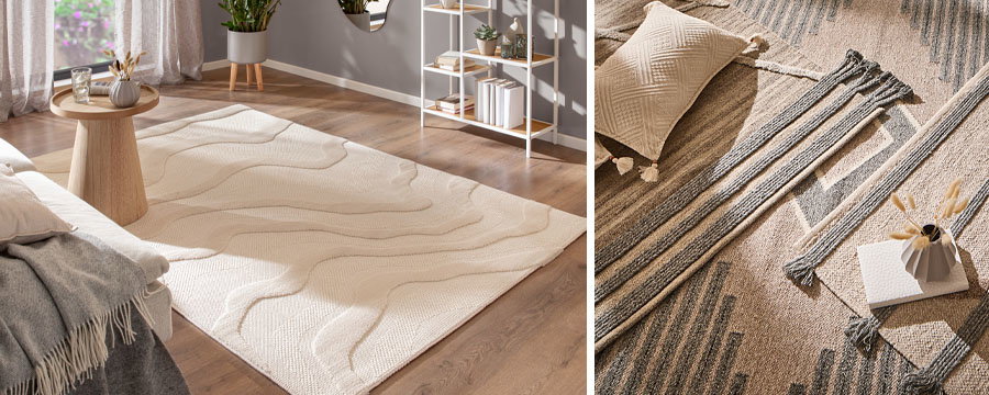 Hellbeiger Teppich liegt auf Holzboden in hellem Wohnzimmer mit Beistelltisch und Regal.