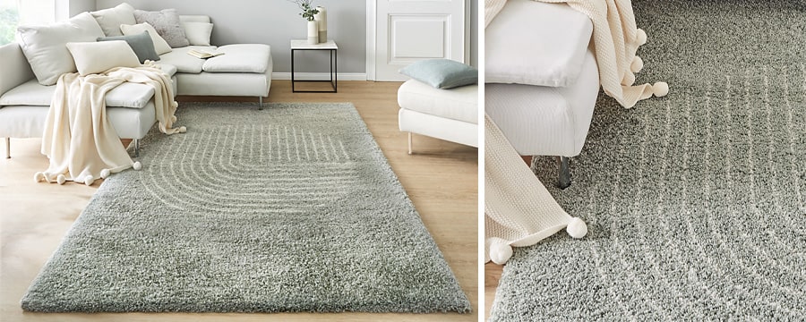 Hellgrauer Teppich liegt auf hellem Boden, Sofa und Sessel mit Decken im hellen Wohnraum.