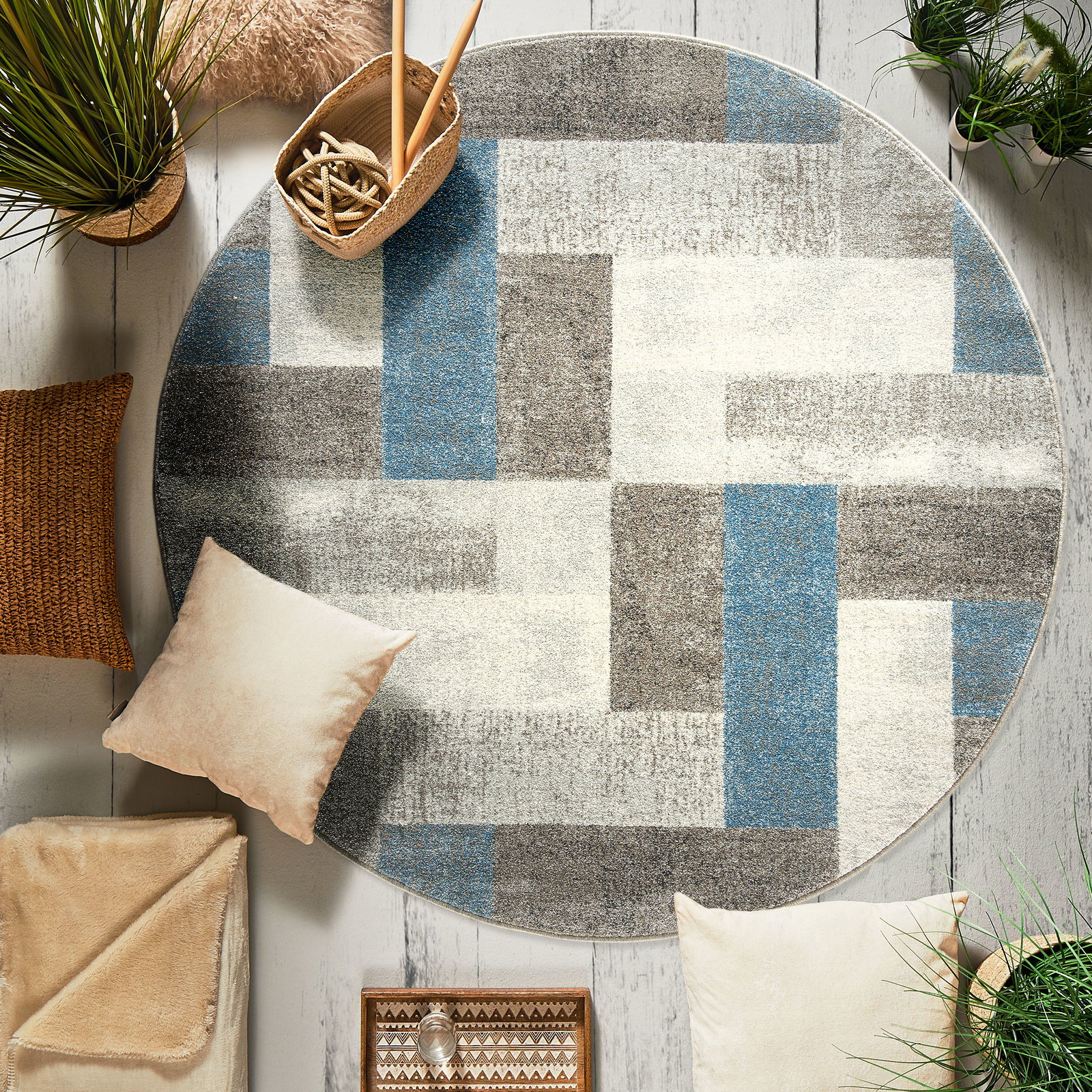 Kibek Moderner Teppich - Urban Maze Blau 160 cm Ø