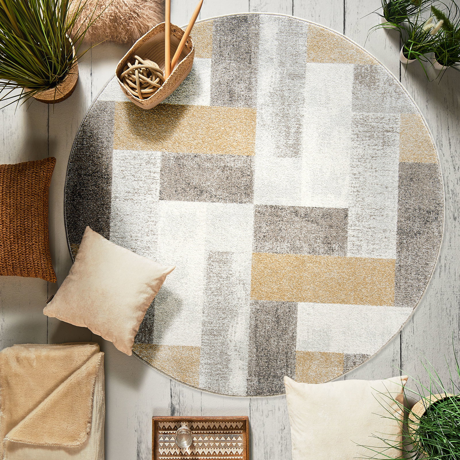 Kibek Moderner Teppich - Urban Maze Gold 200 cm Ø