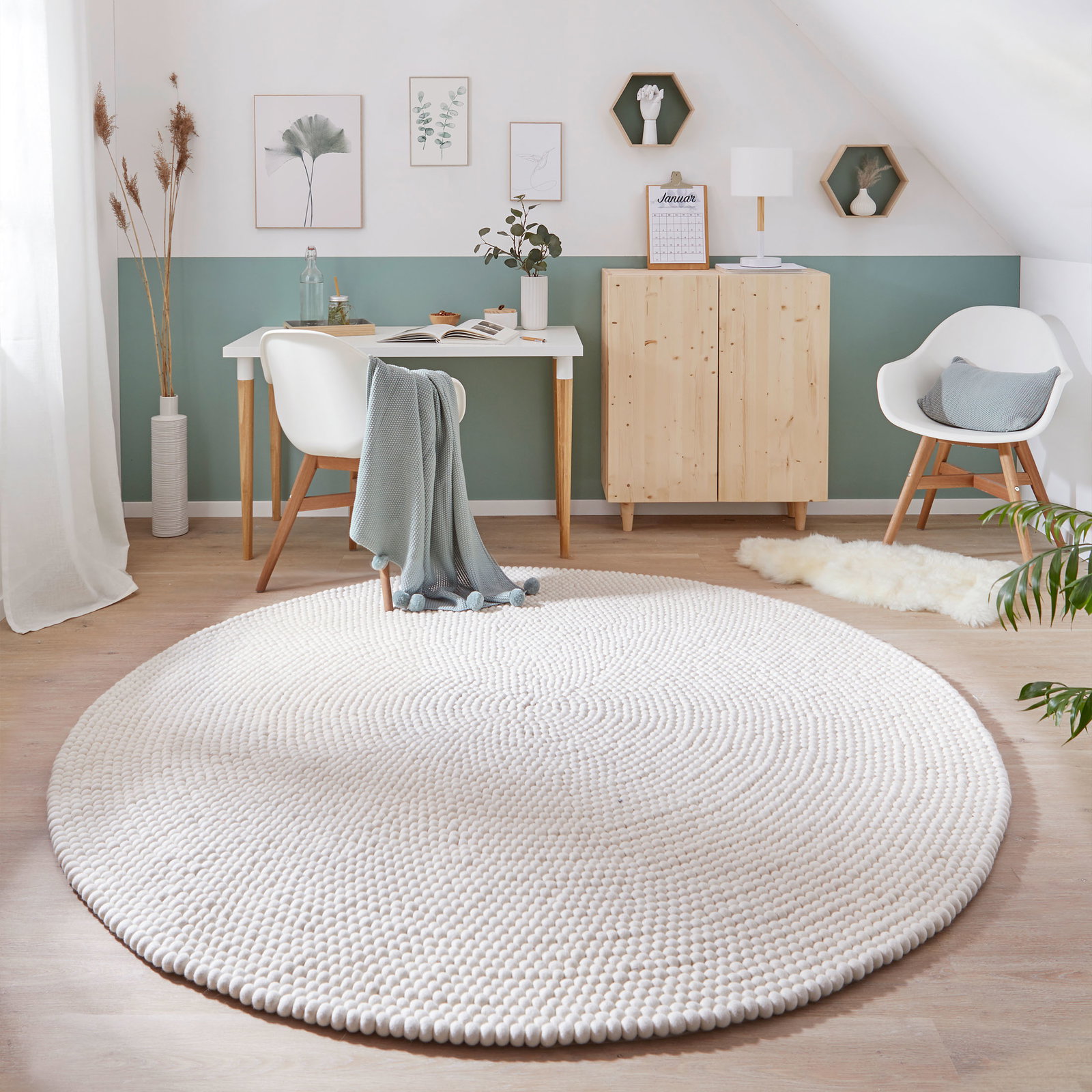 Kibek Filzkugel-Teppich - Smedby Creme 140 cm Ø Wolle