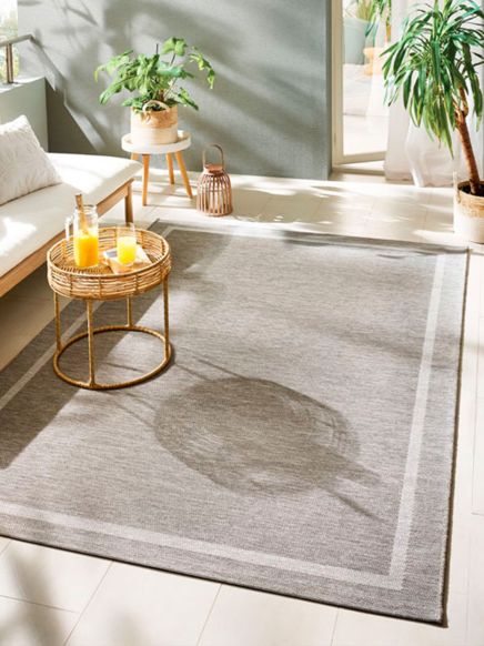 Grauer Teppich liegt in lichtdurchflutetem Raum mit Pflanze, Tisch und Getränken auf Holzsofa.