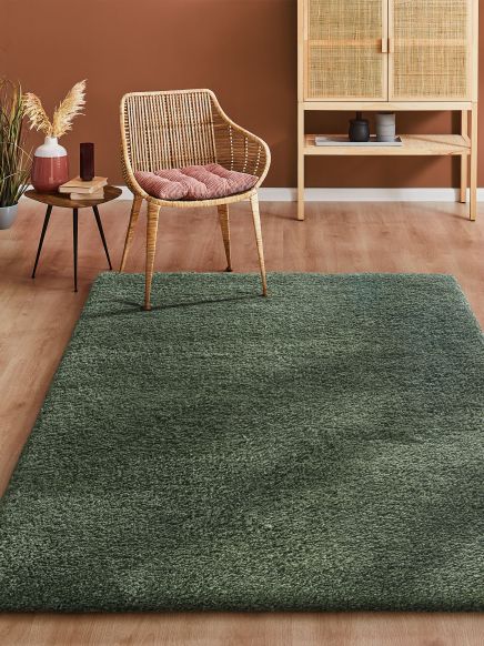 Grüner Teppich auf Holzfußboden vor Rattan-Stuhl, Tisch mit Vase und Bücher in modernem Raum