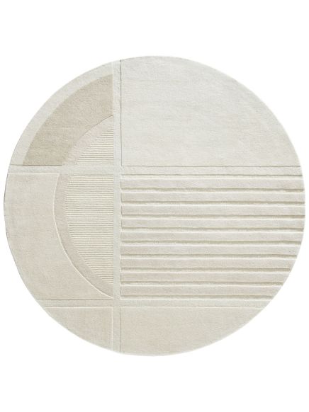 Runder Teppich zeigt geometrische Muster mit Halbkreis, Rechtecken und Linien in neutralen Farbtönen.