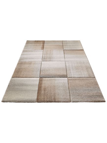 Teppich zeigt kariertes Muster aus 12 Rechtecken in verschiedenen Beige- und Brauntönen.