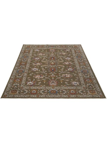 Teppich zeigt florales Muster mit roten, blauen und weißen Akzenten, flach liegend auf weißem Grund.