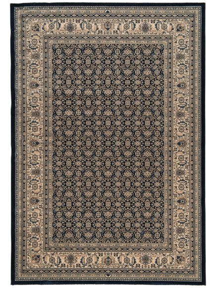 Teppich zeigt florales Muster in Hellbeige und Dunkelblau, rechteckig, symmetrisch angeordnet.