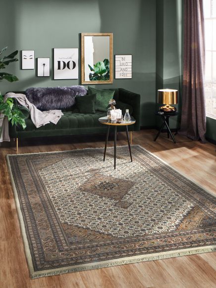 Grünes Sofa steht an Wand mit Bildern, Teppich liegt auf Holzfußboden, Tisch mit Dekor.