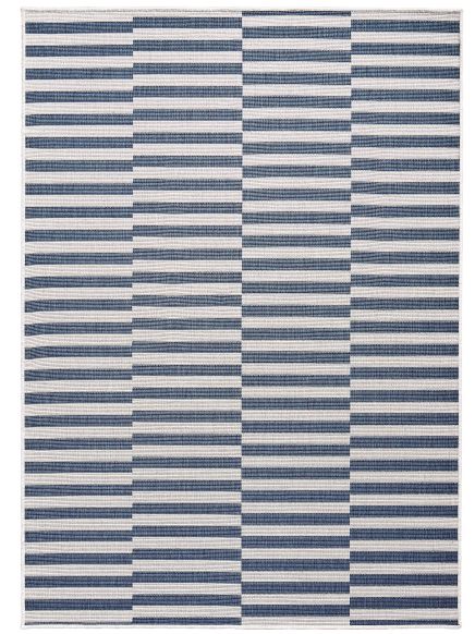 Teppich zeigt horizontale blaue und weiße Streifen, die in Reihen und Spalten angeordnet sind.