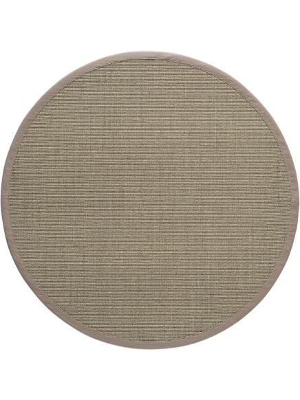 Runder Teppich liegt flach, beige mit feiner Linienstruktur, grauer Rand, weißer Hintergrund.