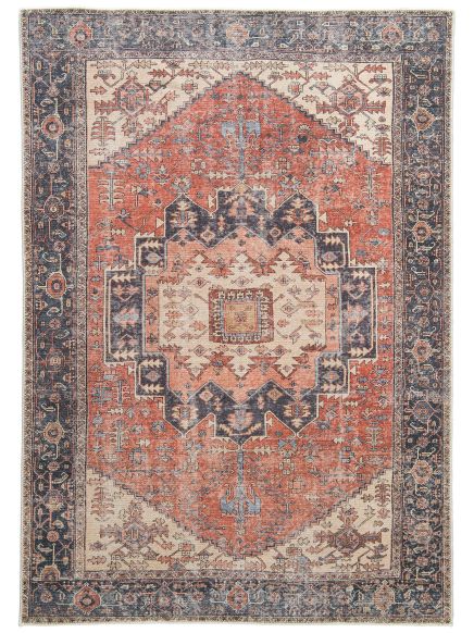 Rechteckiger Teppich zeigt komplexe geometrische Muster in Orange, Blau und Cremefarben.