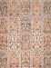 Teppich zeigt rechteckige Muster mit floralen Motiven in Beige, Blau, Rot und Olivfarben.