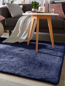 Blauer Teppich liegt unter Holztisch mit Tasse, Glas und Pflanzen vor grauer Couch mit Decke.