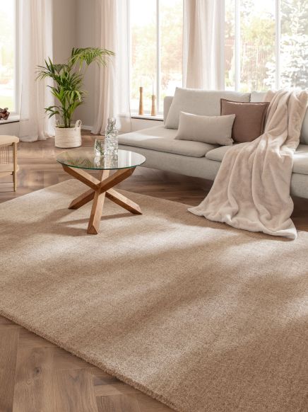 Helles Wohnzimmer mit grauem Sofa, braunem Kissen, Decke, Pflanzen und rundem Glastisch.