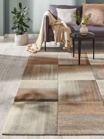 Sofa mit Decke und Kissen, kleine Pflanze, Beistelltisch mit Vase und Glas, Teppich auf Boden.