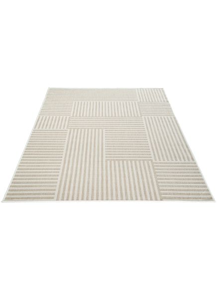 Teppich zeigt unterschiedliche beige und weiße Streifenmuster, flach liegend auf weißem Hintergrund.