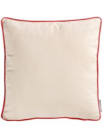 Quadratisches Kissen liegt flach, beige mit rotem Rand, weißer Hintergrund.