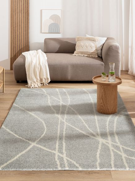 Beiger Sofa mit Kissen und Decke, Holztisch mit Karaffe und Glas auf Teppich im hellen Raum.