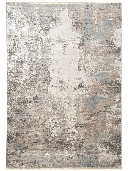 Teppich zeigt abstraktes Muster in Beige, Grau, Blau und Braun in einem rechteckigen Format.