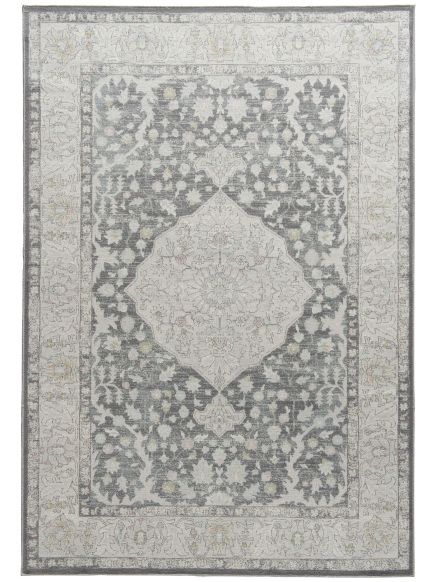 Teppich zeigt floral gemustertes Medaillon in Grau- und Beigetönen, rechteckig, flach liegend.