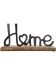 Schriftzug „Home“ mit Herz als „o“, aus schwarzem Metall stehend auf Holzbrett.