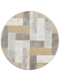 Runder Teppich mit geometrischem Muster in Beige, Grau und Weiß auf weißem Hintergrund.