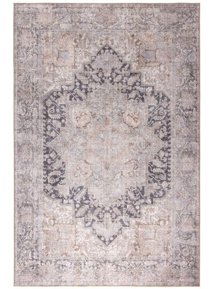Teppich zeigt komplexes, symmetrisches Muster mit floralen und geometrischen Motiven in Pastelltönen.