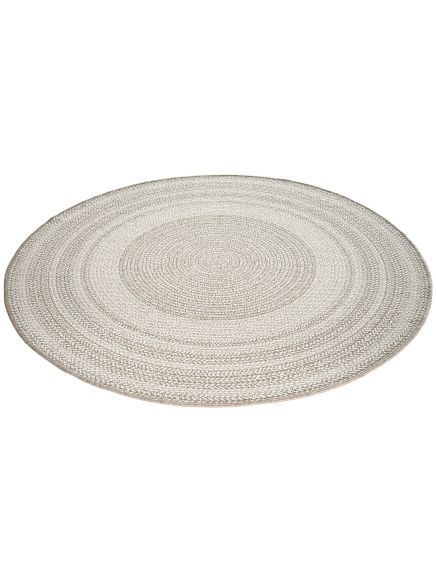 Runder Teppich liegt flach, beige mit feinem Muster, auf weißem Hintergrund.