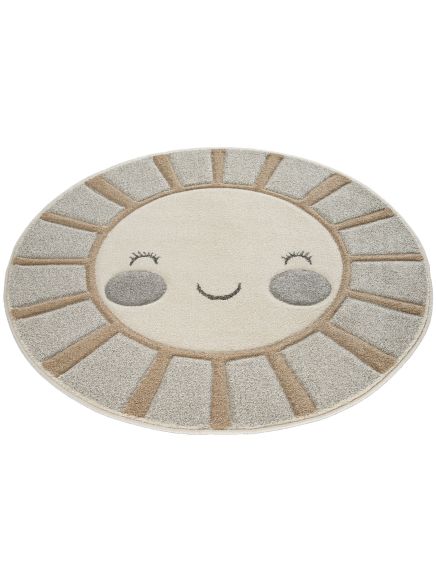 Runder Teppich zeigt lächelnde Sonne mit geschlossenen Augen und Strahlen in Grau und Beige.