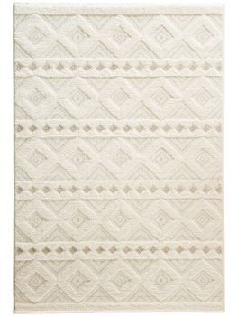 Teppich zeigt erhabene geometrische Muster mit Rauten und Punkten in hellem Farbton auf hellem Hintergrund.