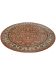 Runder Teppich liegt flach, mit floralem Muster in Orange, Beige und Grau.