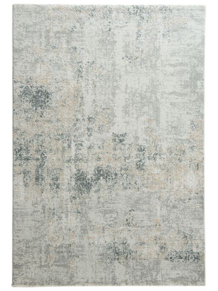 Teppich zeigt abstraktes, verwaschenes Muster in Grau, Beige und Hellblau auf hellem Grund.