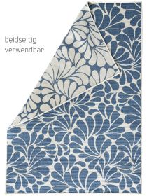 Teppich zeigt blaue und weiße florale Muster, Ecke umgeschlagen, Text „beidseitig verwendbar“.
