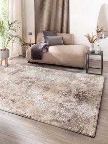 Beiger Teppich liegt auf Holzboden vor beige grauem Sofa mit grauen Kissen in modernem Zimmer.