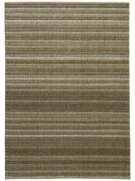 Teppich zeigt horizontale Streifen in verschiedenen Braun- und Grautönen, rechteckig, schlicht.