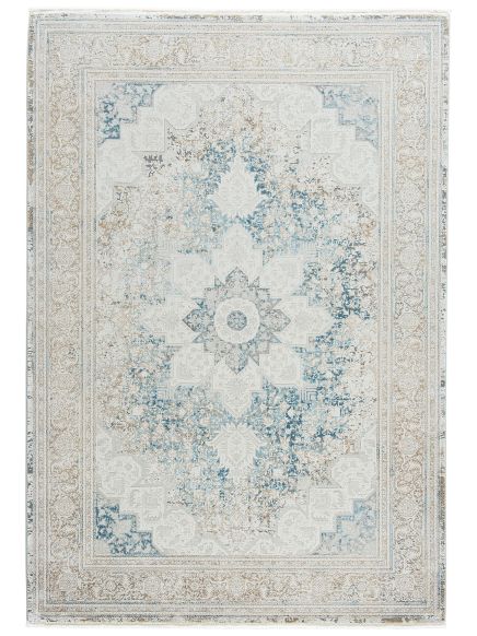 Orientteppich zeigt zentrales Mandala-Muster in Beige, Blau und Weiß auf hellem Hintergrund.