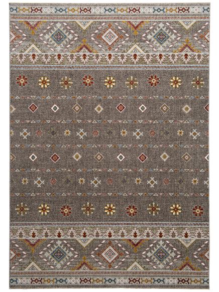 Teppich zeigt diverse geometrische Muster und bunte Ornamente auf grauem Hintergrund.