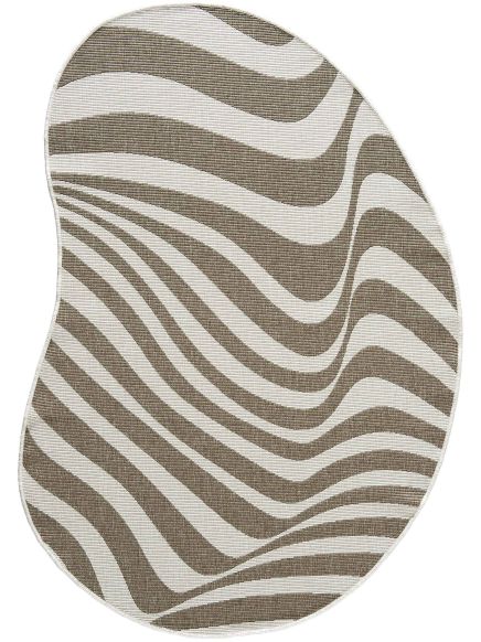 Teppich liegt flach, zeigt wellenförmige Linien in Beige und Weiß, auf weißem Hintergrund.