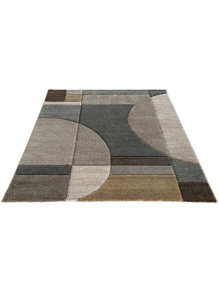 Teppich zeigt abstraktes geometrisches Muster mit Rechtecken und Halbkreisformen in Grau- und Brauntönen.