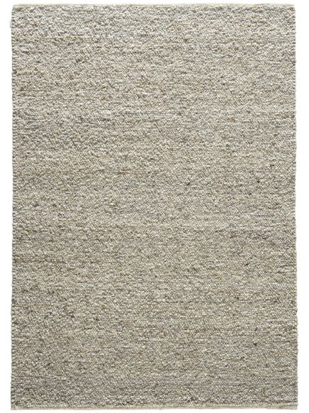 Teppich zeigt dicht gewebte kleine Kugelstruktur in Beige- und Grautönen auf weißem Hintergrund.