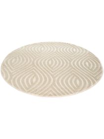 Runder Teppich legt, mit geometrischem Muster aus Linien in hellen Beige- und Cremetönen auf weißem Hintergrund.