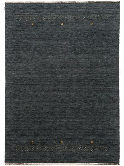 Dunkelgrauer Teppich zeigt minimalistische gelbe und blaue Muster an Ober- und Unterseite vor weißem Hintergrund.