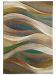Teppich zeigt wellenförmige Muster in Beige, Braun, Blau, Grün und Orange auf weißem Hintergrund.
