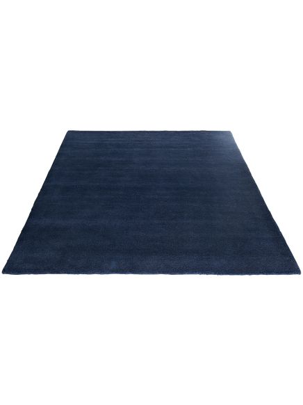 Blauer, rechteckiger Teppich liegt flach, ohne Muster oder Dekoration, weiße Umgebung.