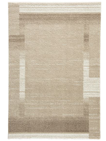 Beiger Teppich mit geometrischen, hellen und dunklen Rechtecken, auf weißem Hintergrund.