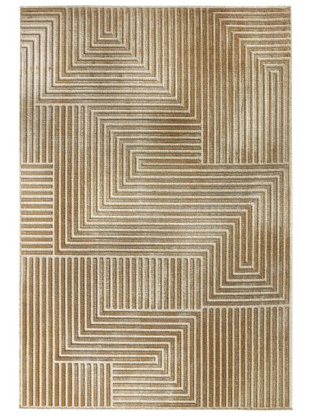 Teppich mit geometrischem Muster aus parallelen Linien und rechteckigen Formen in Beige und Braun.