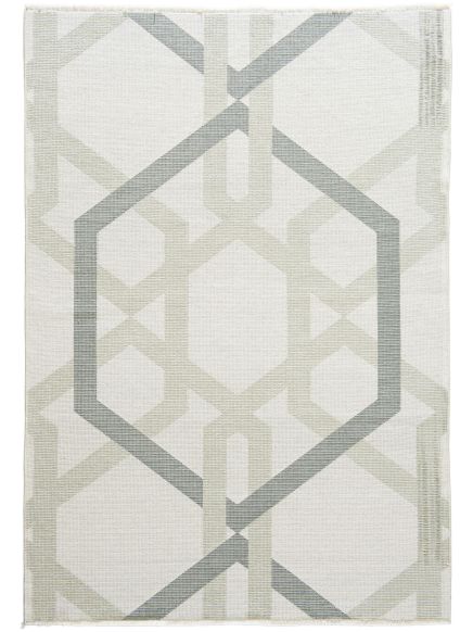 Teppich liegt flach mit grauem und beigem Hexagon-Muster auf hellem Hintergrund.